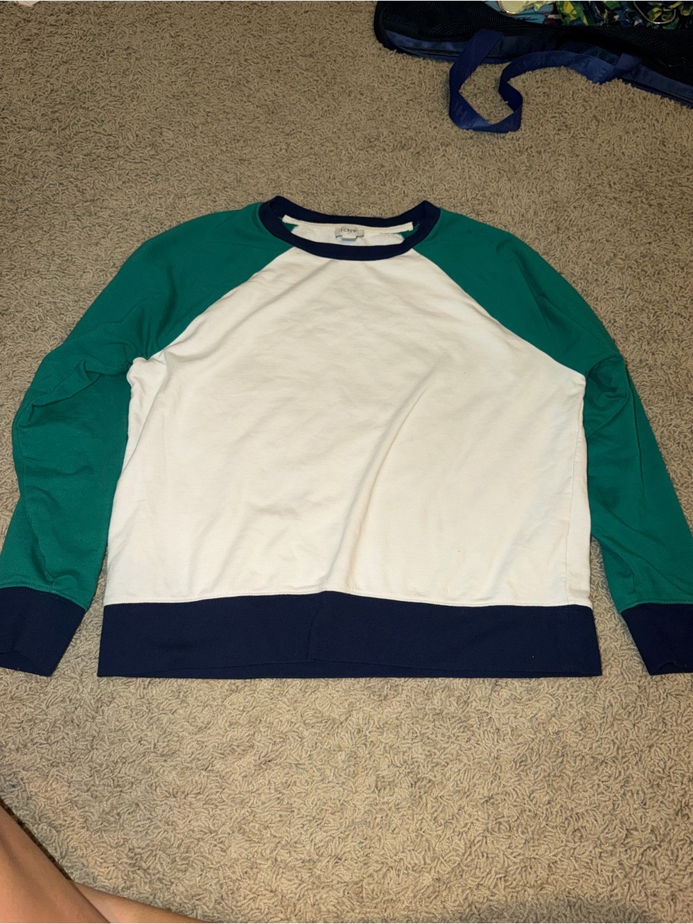 J. Crew White, Green & Navy Colorblock Raglan Sweater